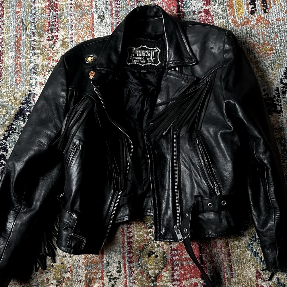 Black fringed biker jacket, GENUINE LEATHER